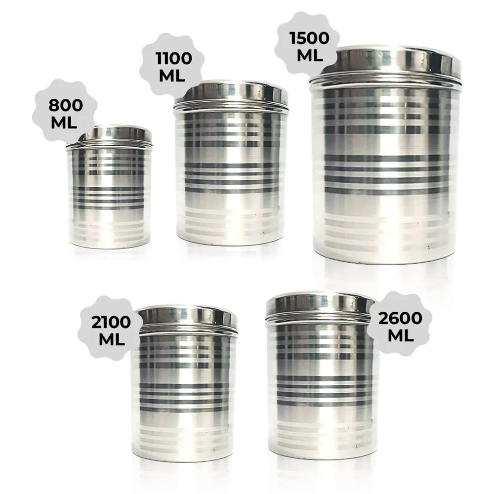 Kuber Stainless Steel Kitchen Containers Set | Stainless Steel, Durable & Stackable | Wobble Free, Easy to Clean & Multipurpose | Kitchen Storage Container Set of 5 - Assorted