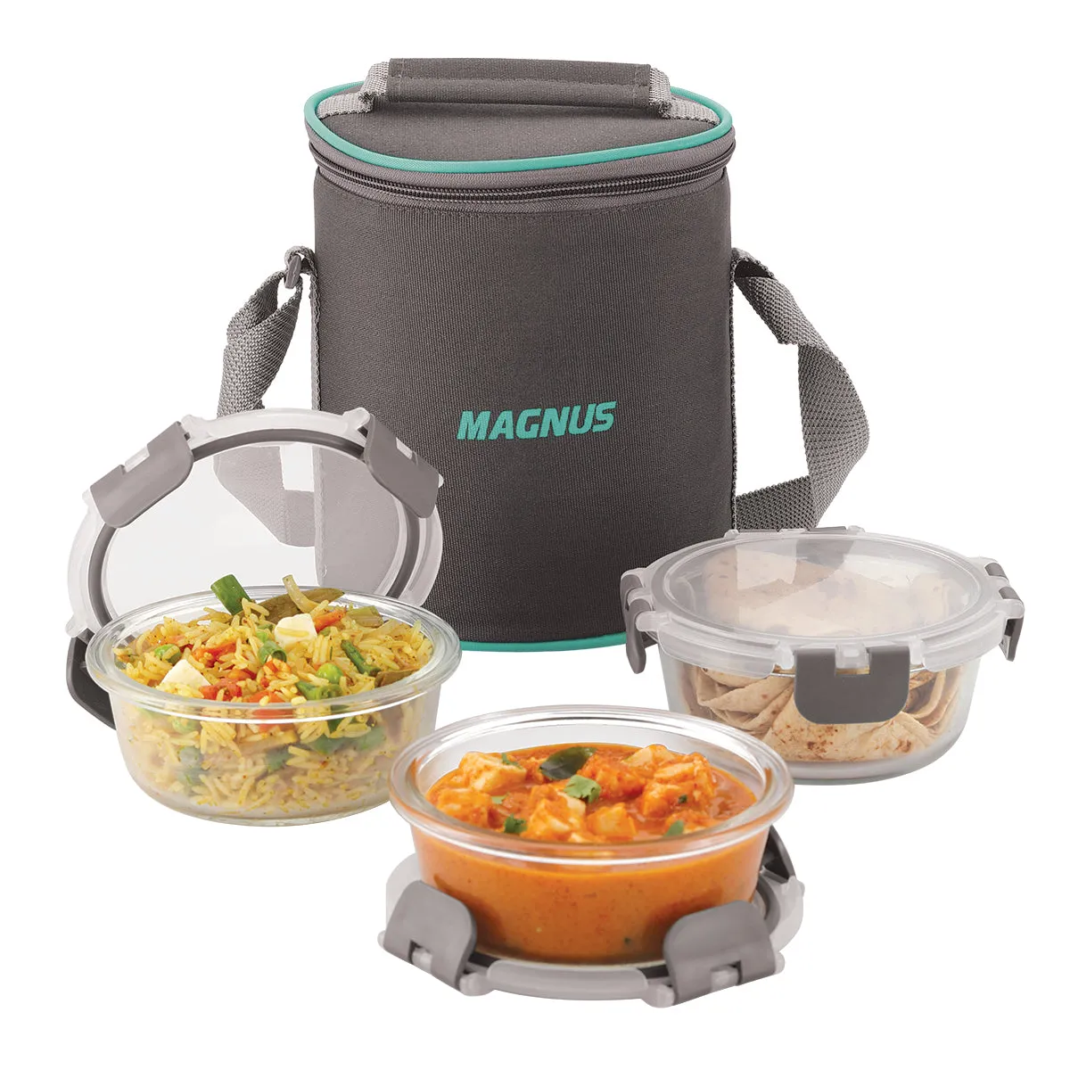 Magnus Glock Solid Lunch Box with Vertical Pouch & Detachable Clip, 3 Round Glass Containers 400 ML