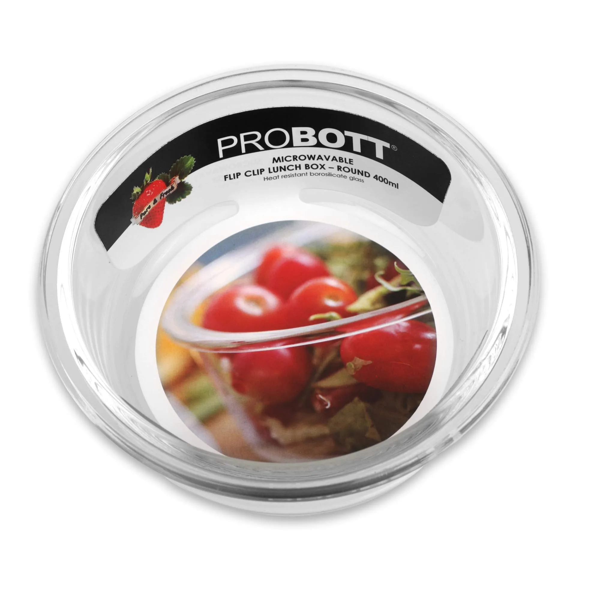 PROBOTT Vetroware Borosilicate Flip Clip Lunch Box Round Shape Set with Flat Bag, 400ml 400ml, 2-Pieces, Transparent PV 222-RF_Black Bag